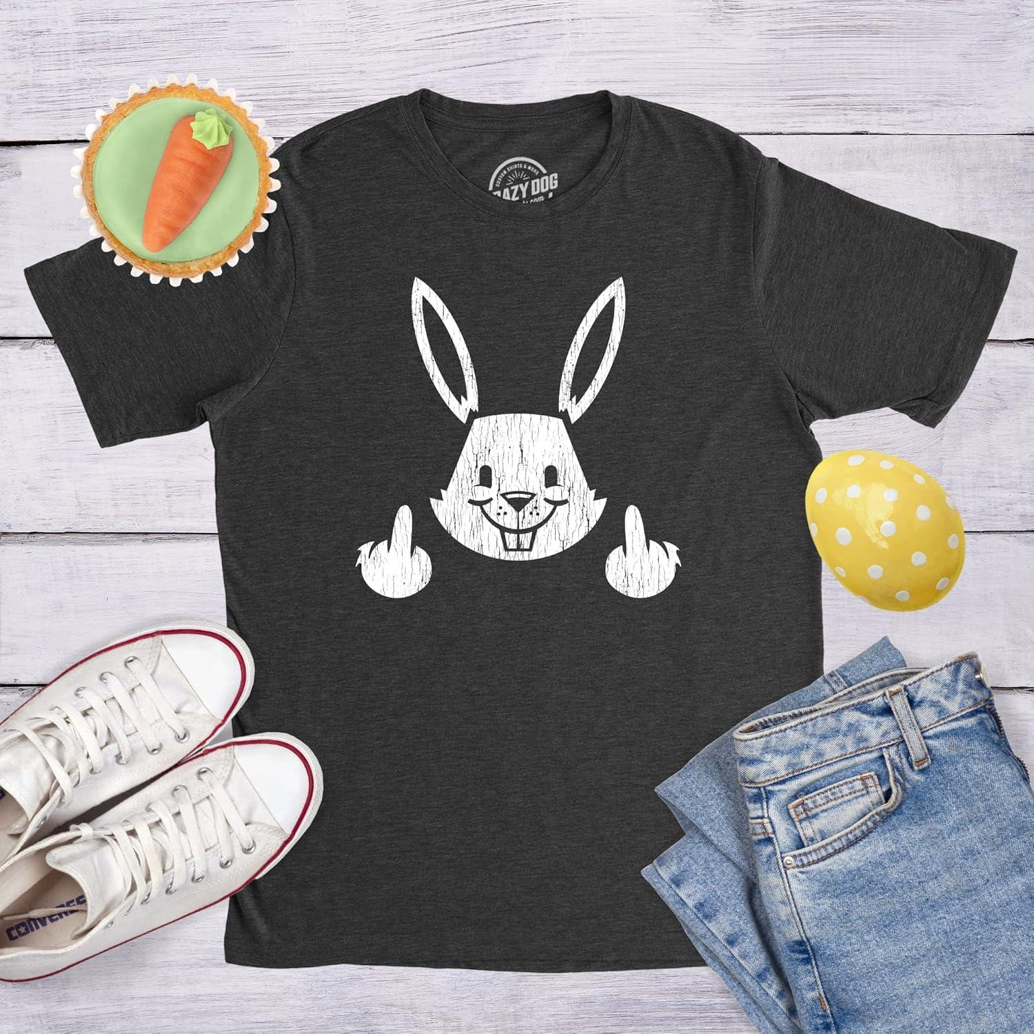 imageMens Bunny Giving The Finger T Shirt Funny Easter Graphic Cool Novelty TeeHeather Black