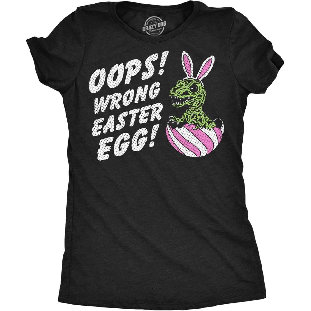 imageWomens Funny T Shirts Oops Wrong Easter Egg Sarcastic Dino Tee for Ladies