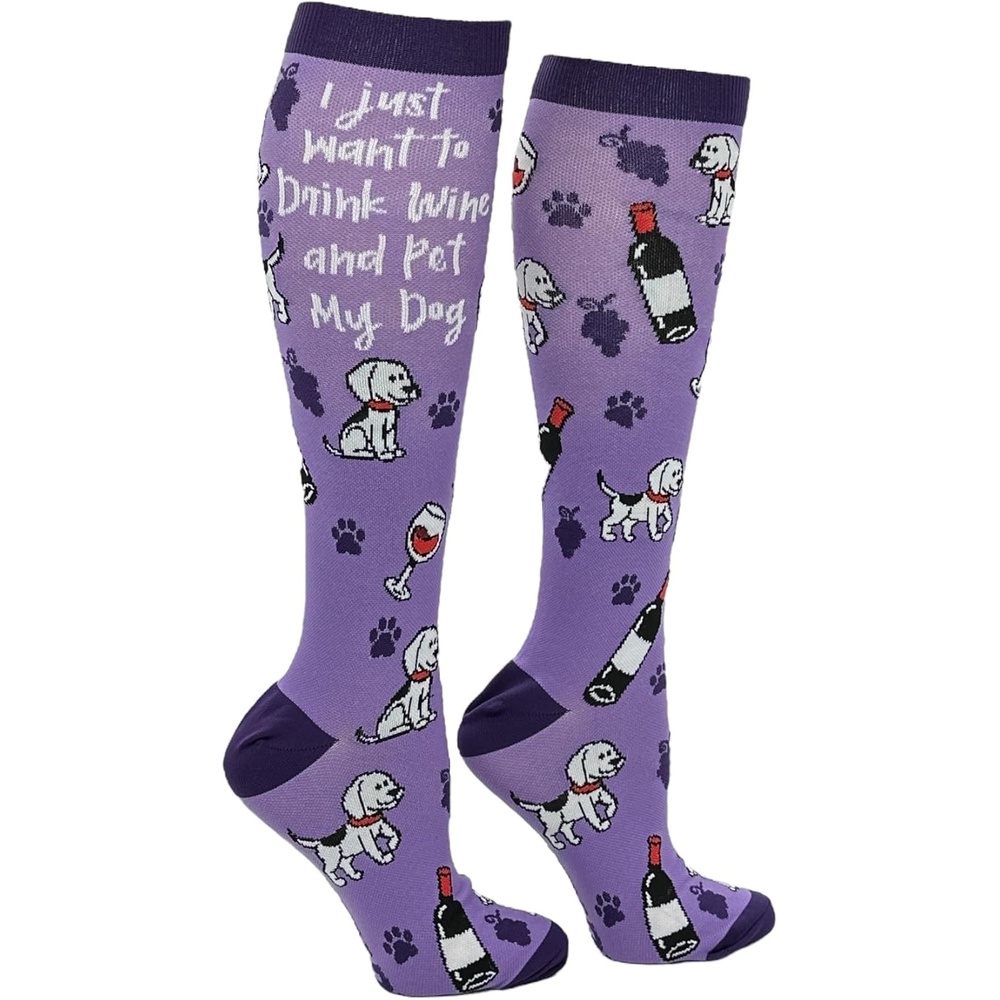 imageCrazy Dog TShirts Cute and Funny Compression Socks for Women and Men with Funny Sayings Funny Gift for Casual WearDrink Wine and Pet My Dog
