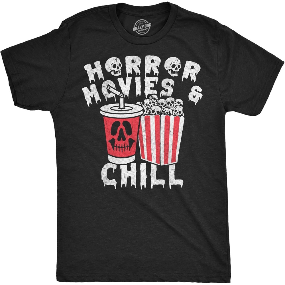 imageMens Funny T Shirts Horror Movies and Chill Sarcastic Halloween Movie Graphic Novelty Tee for Men