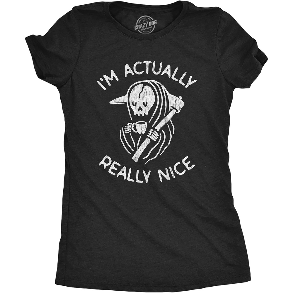 imageWomens Im Actually Really Nice T Shirt Funny Coffee Death Halloween Spooky Graphic TeeHeather Black