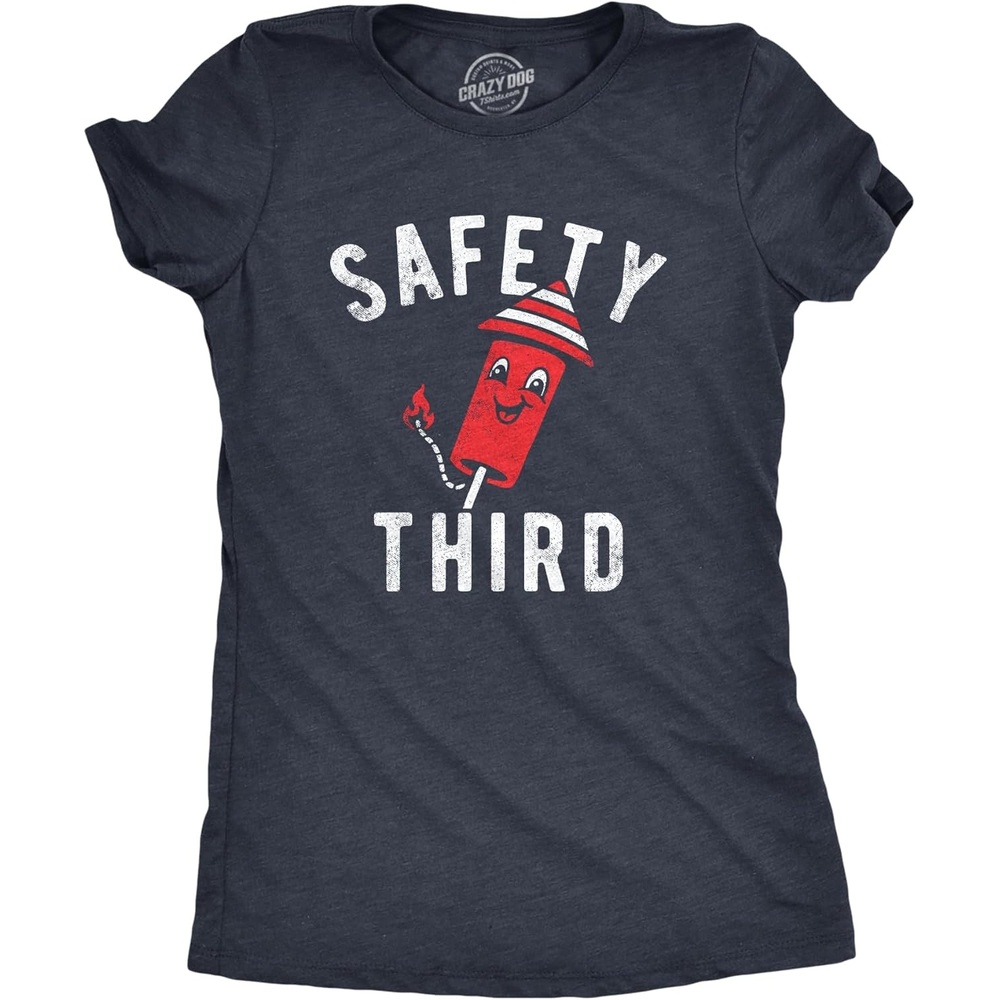 image:imageWomens Safety Third T Shirt Funny Fourth of July Fireworks Dangerous Joke Tee for LadiesHeather Navy  Safety