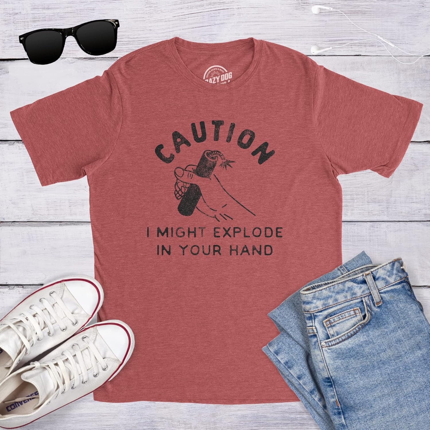 image:imageMens Caution I Might Explode in Your Hand T Shirt Funny 4th of July Firework Graphic Novelty TeeHeather Red