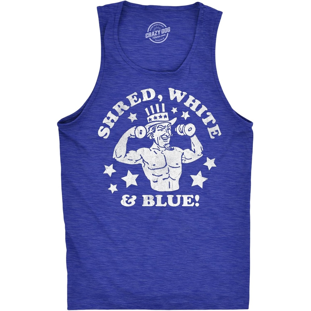 image:imageMens Funny Fitness Tank Shred White and Blue Sarcastic Fourth of July Graphic Novelty Sleeveless Tee for Men