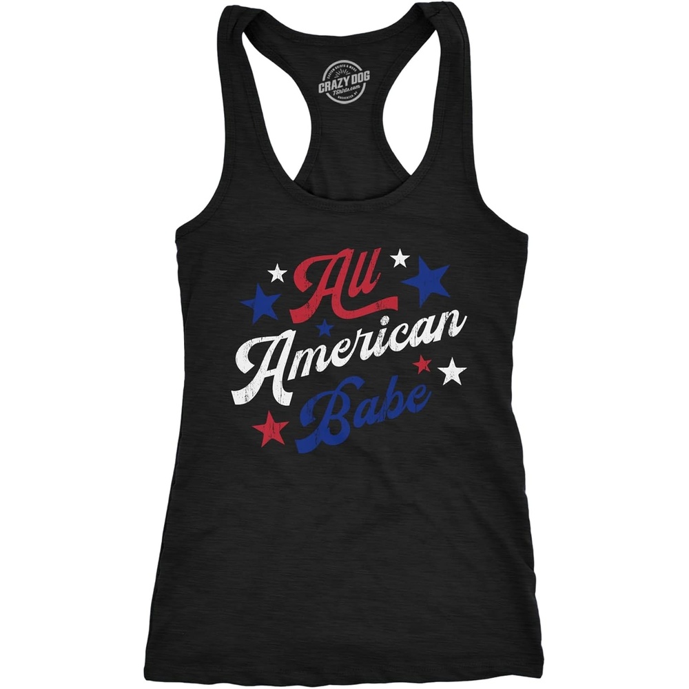 image:imageWomens All American Babe Fitness Tank Funny Cool Patriotic Fourth of July Party Sleeveless Tee for LadiesHeather Black