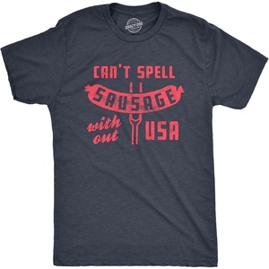Mens Can’t Spell Sausage Without USA T Shirt Funny 4th of July Cookout Kitchen Tee(Heather Navy)