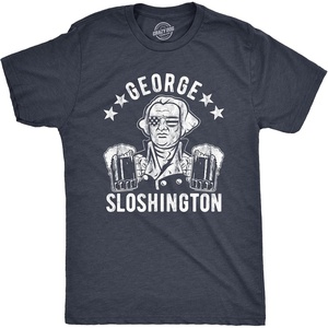 Mens George Sloshington T Shirt Funny 4th of July Beer Drinking Patriotic Graphic Tee(Heather Navy)