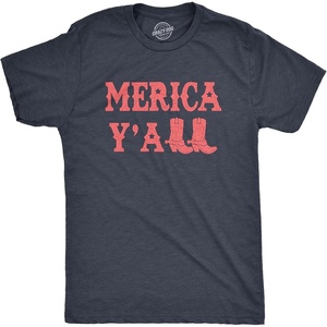 Mens Merica Yall T Shirt Funny Cool Fourth of July Party Patriotic Cowboy Tee for Guys(Heather Navy)