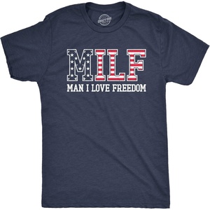 Mens Milf Man I Love Freedom T Shirt Funny Patriotic Fourth of July Flag Tee for Guys(Heather Navy – Milf)