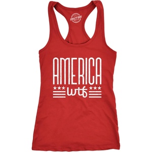 Womens America WTF Fitness Tank Funny 4th of July Independence Day What The Fuck Graphic Tanktop(Red)