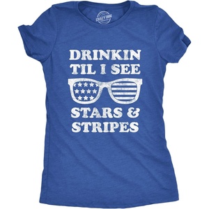 Womens Drinkin Til I See Stars and Stripes T Shirt Funny 4th of July Sunglasses Graphic Tee(Heather Royal)