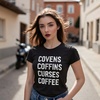Womens Covens Coffins Curses Coffee T Shirt Funny Halloween Witch Caffeine Lovers Tee for Ladies(Heather Black – Covens)
