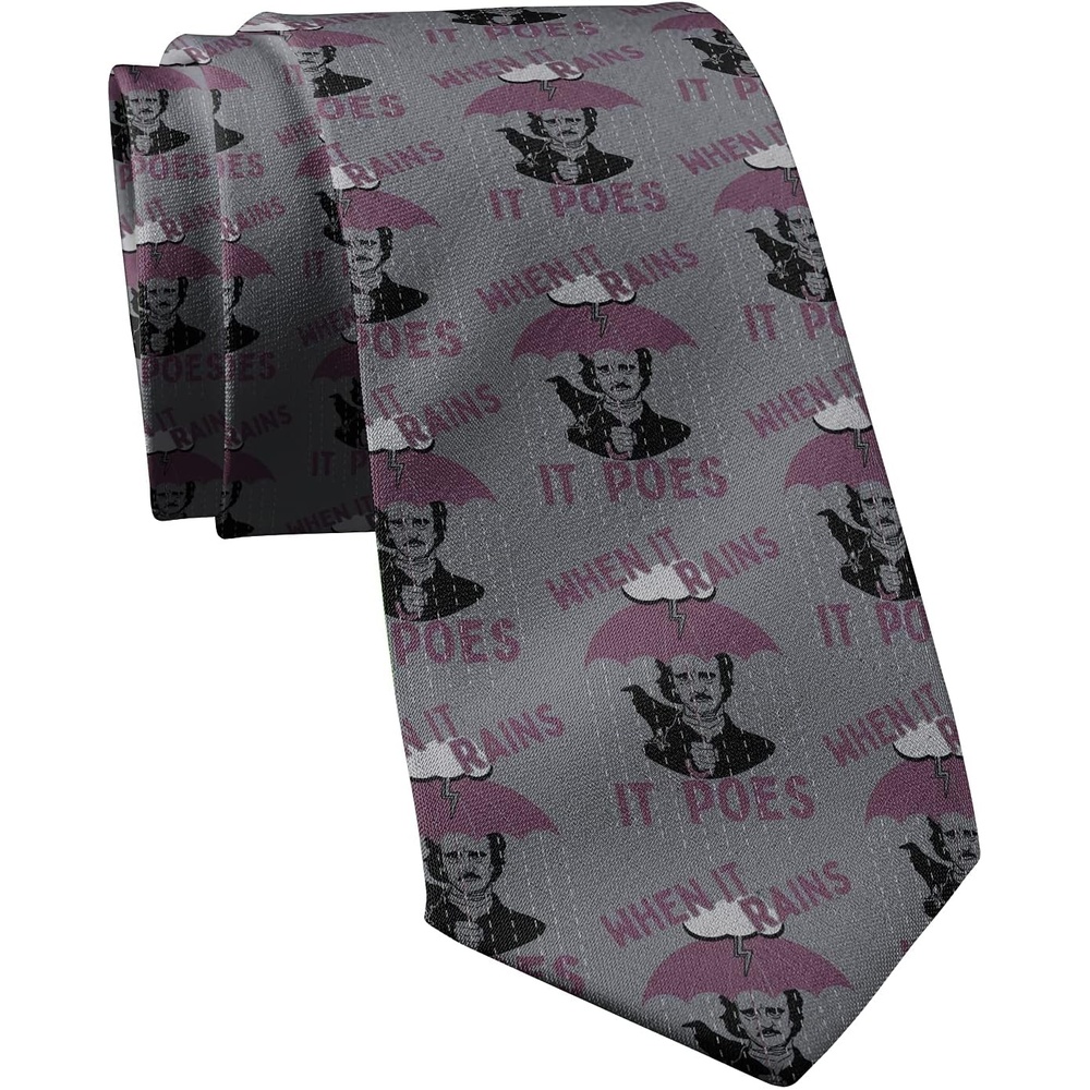 image:imageCrazy Dog TShirts Funny Poe Necktie for Men When It Rains It Poes Novelty Tie Edgar Allan Poe Gag Gift for Book Lovers Nerds and Halloween Costumes Quirky Literary Accessory