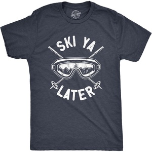 Mens Ski Ya Later T Shirt Funny Sarcastic Skiing Goggles Poles Mountain Graphic Tee for Guys(Heather Navy – Ski)