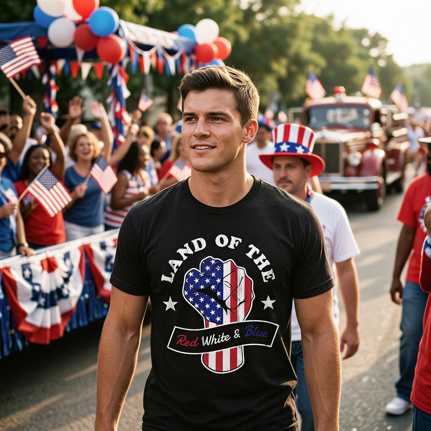 image:imageCrazy Dog TShirts Mens Land of The Red White and Blue T Shirt Awesome Fourth of July Patriotic Fist Graphic Tee for GuysHeather Black