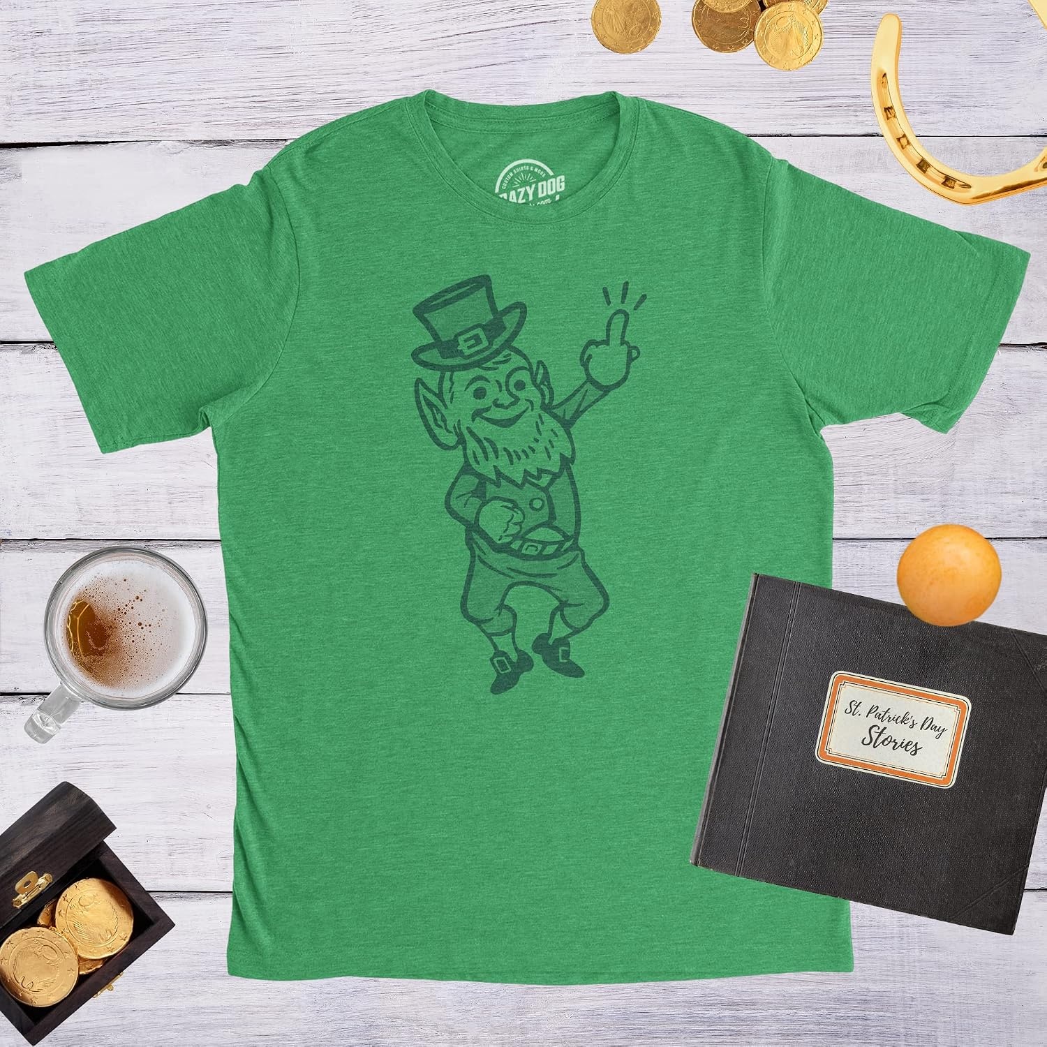 image:imageMens Leprechaun Middle Finger Offensive Saint Patricks Day TShirt Crazy DesignHeather Green