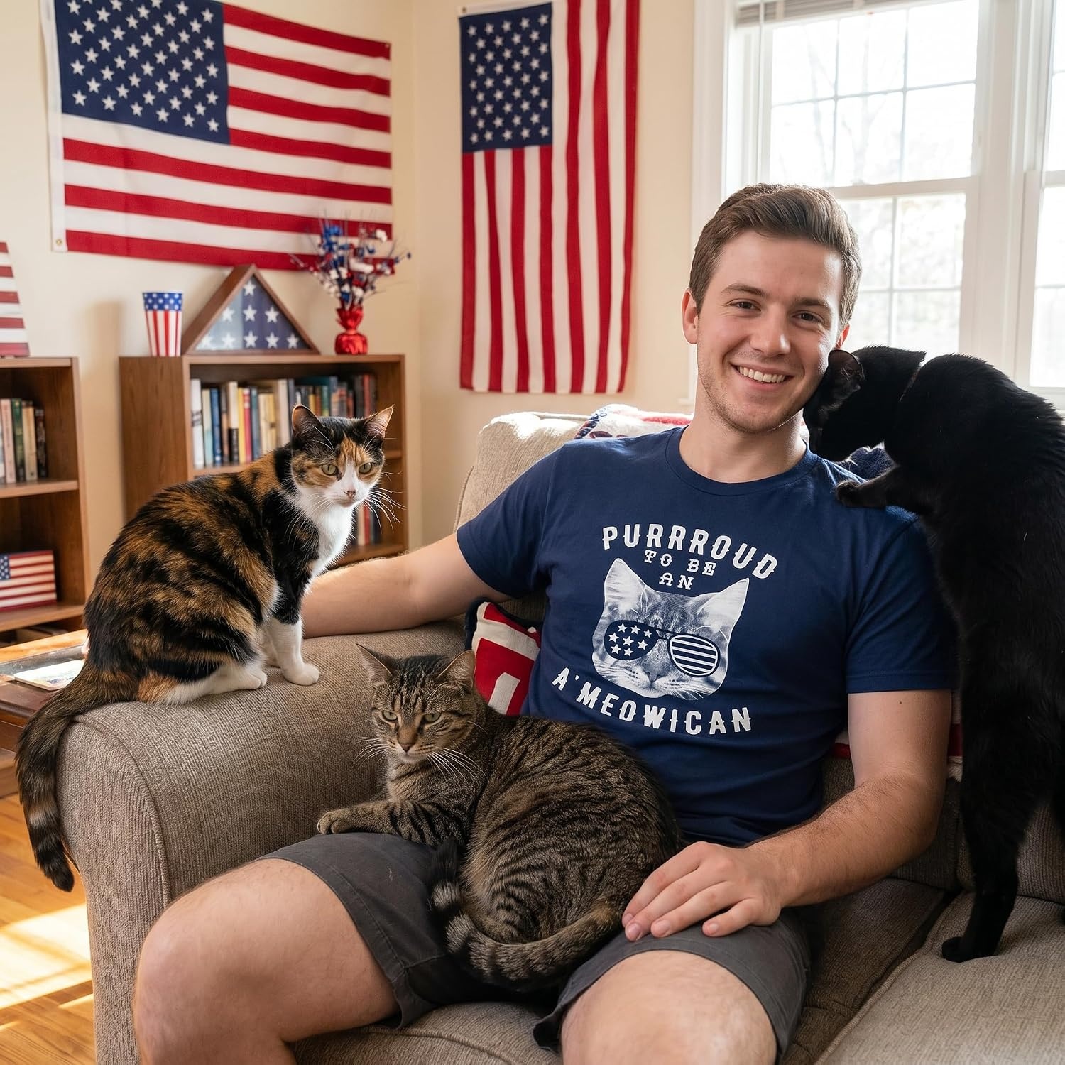 image:imageMens Purroud to Be an Ameowican T Shirt Funny 4th of July Cat Tee for Guys Funny T Shirts Patriotic Apparel for Men Cool Cat Short Sleeve soft cotton blend Novelty Tees for GuysNavy
