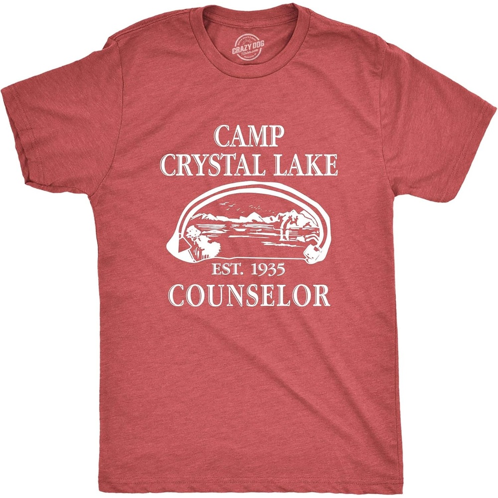 image:imageCrazy Dog Mens T Shirt Camp Crystal Lake 1980 Vintage Camping Movie Tee Funny T Shirts Halloween Apparel for Men Cool Movie Short Sleeve Camping Soft Cotton Blend Novelty Tees for GuysHeather Red