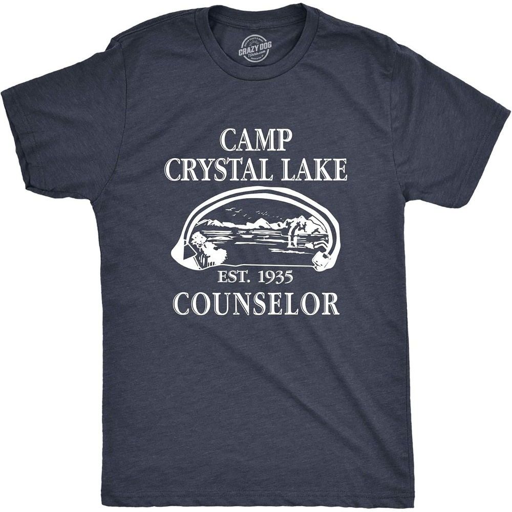 image:imageCrazy Dog Mens T Shirt Camp Crystal Lake 1980 Vintage Camping Movie Tee Funny T Shirts Halloween Apparel for Men Cool Movie Short Sleeve Camping Soft Cotton Blend Novelty Tees for GuysHeather Navy