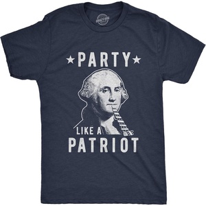 Mens Party Like A Patriot T Shirt Funny 4th of July George Washington Graphic Tee(Heather Navy)