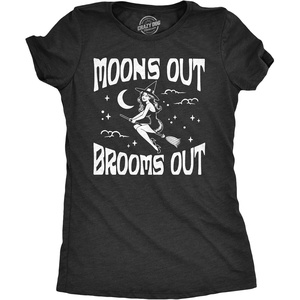 Womens Moons Out Brooms Out T Shirt Funny Halloween Witch Flying Broomstick Joke Tee for Ladies(Heather Black – Moons)