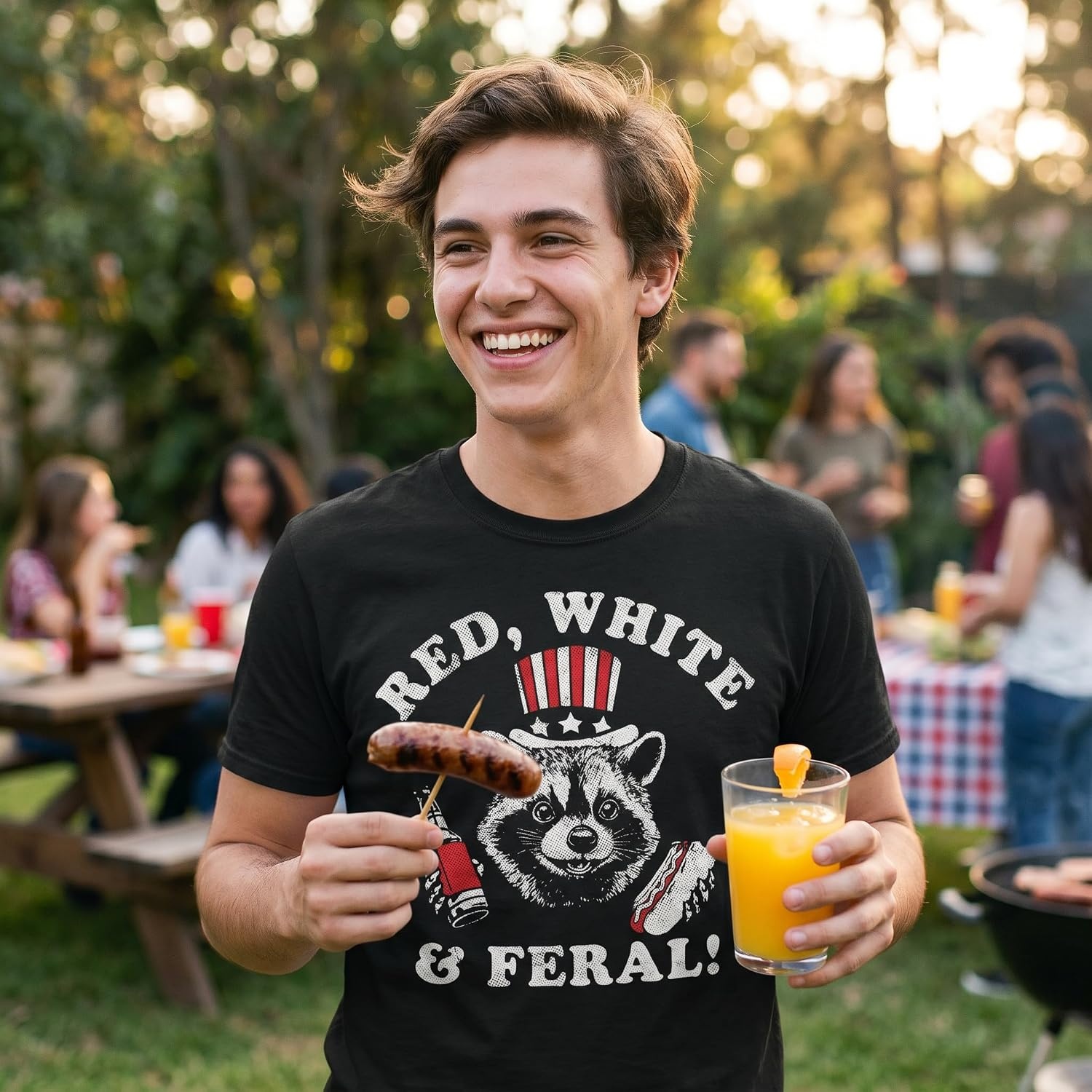 image:imageMens Funny Red White and Feral Fourth of July Tee Funny T Shirts Patriotic Apparel for Men Cool Animal Short Sleeve Soft Cotton Blend Novelty Tees for Guys