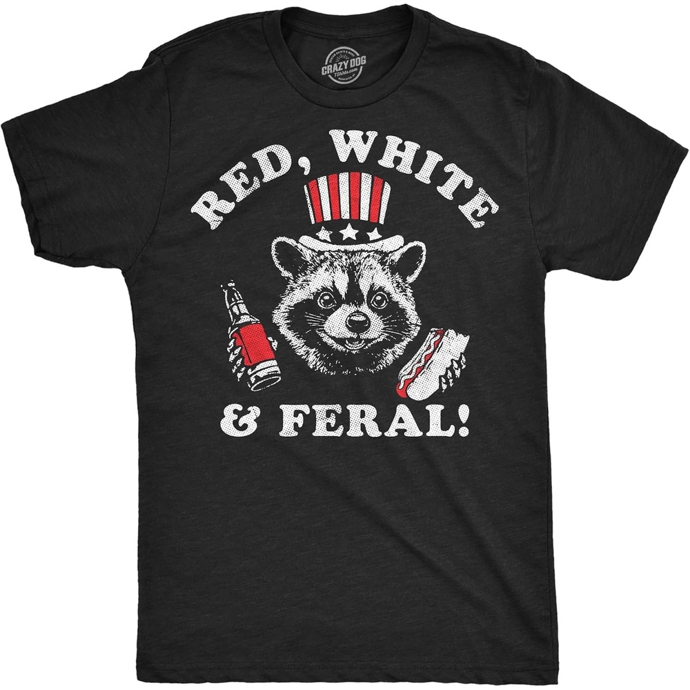 image:imageMens Funny Red White and Feral Fourth of July Tee  Funny T Shirts Patriotic Apparel for Men Cool Animal Short Sleeve Soft Cotton Blend Novelty Tees for Guys