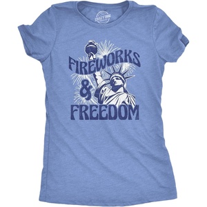 Womens Fireworks and Freedom T Shirt Funny Awesome Fourth of July Statue of Liberty Tee for Ladies(Light Heather Blue – Freedom)