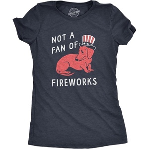 Womens Not A Fan of Fireworks T Shirt Funny Fourth of July Scared Puppy Tee for Ladies(Heather Navy – Fireworks)