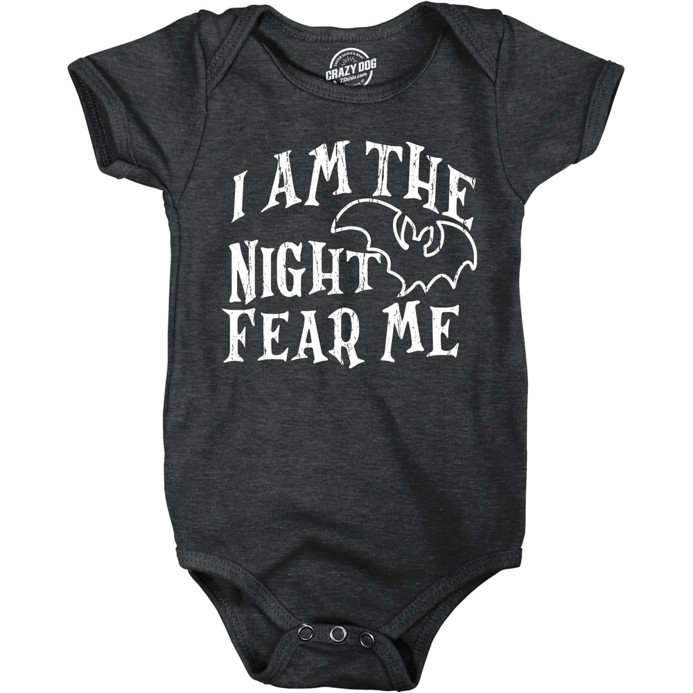 image:imageCrazy Dog TShirts I Am The Night Fear Me Baby Bodysuit Funny Halloween Spooky Bat Jumper for InfantsHeather Black Night