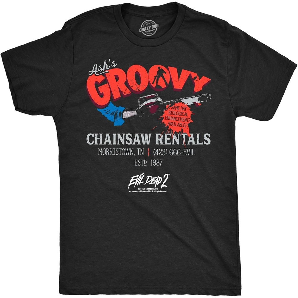 image:imageMens Evil Dead 2 T Shirts Funny Horror Movie Tees for GuysHeather Black Ashs Groovy Chainsaw