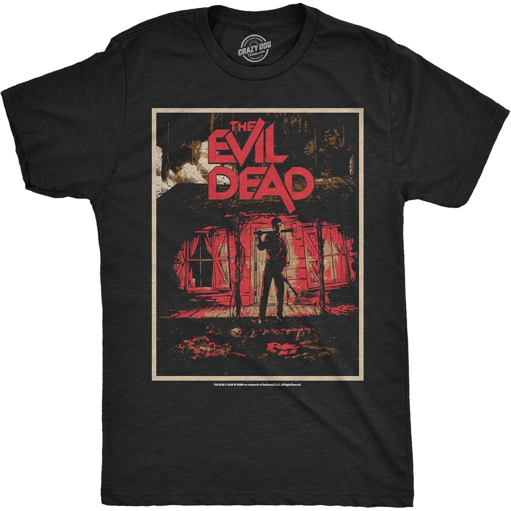 image:imageMens Evil Dead 2 T Shirts Funny Horror Movie Tees for GuysHeather Black Evil Dead Cabin Final
