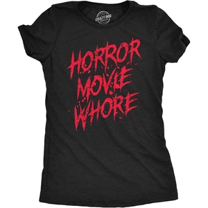Womens Horror Movie Whore T Shirt Funny Sarcastic Scary Movie Graphic Halloween Top(Heather Black)