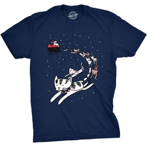 Mens Cat Sleigh T Shirt Funny Santa Christmas Holiday Tee for Animal Lover(Navy)