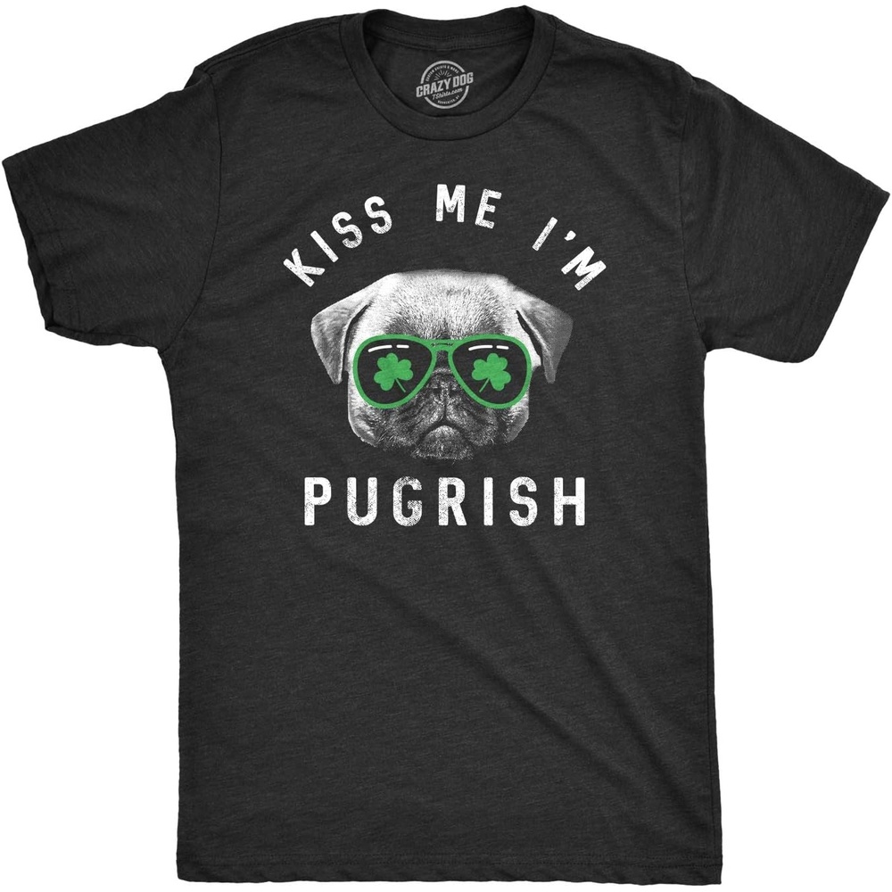 image:imageMens Kiss Me Im Pugrish T Shirt Funny Saint Patricks Day Pug Irish Clover TeeHeather Black