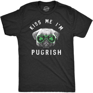 Mens Kiss Me Im Pugrish T Shirt Funny Saint Patricks Day Pug Irish Clover Tee(Heather Black)