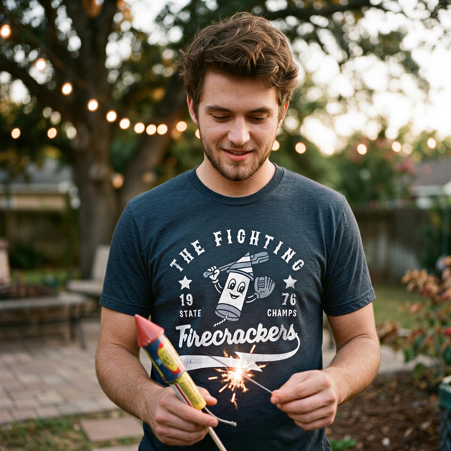 image:imageMens The Fighting Firecrackers T Shirt Funny Fourth of July Party Baseball Team Tee for GuysHeather Navy Firecrackers