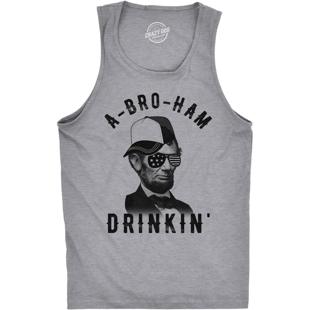 image:imageMens Fitness Tank ABroHam Drinkin Funny Abe Lincoln Tanktop for Guys Funny Workout Shirt Patriotic Tank Top for Men Cool Fitness Sleeveless Tee Fitted Tank Novelty Tank Tops for GuysDark Heather Grey