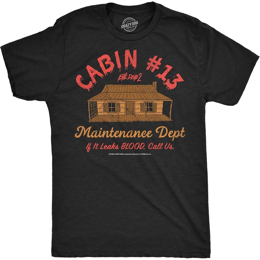 image:imageMens Evil Dead 2 T Shirts Funny Horror Movie Tees for Guys Funny T Shirts Halloween Apparel for Men Cool Movie Short Sleeve Soft Cotton Blend Novelty Tees for GuysHeather Black Cabin 13