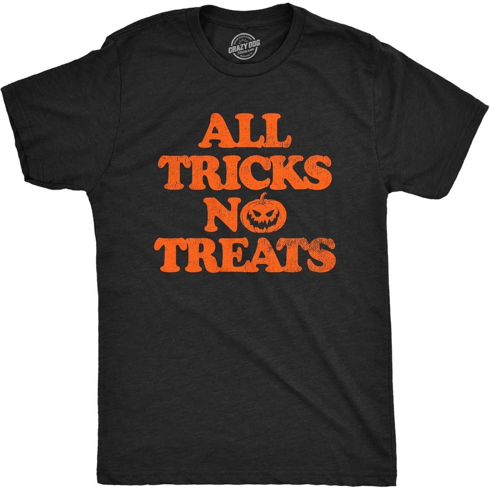 image:imageMens Funny Halloween Shirts Spooky Scary October Tees for Guys Funny T Shirts Halloween Apparel for Men Cool Short Sleeve Soft Cotton Blend Novelty Tees for GuysHeather Black Tricks