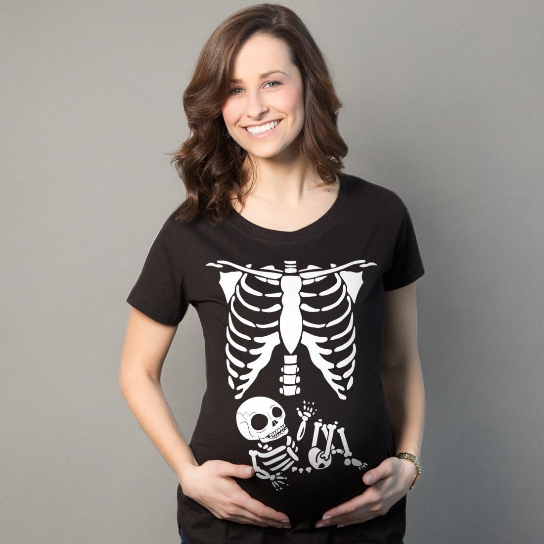 image:imageMaternity Skeleton Baby Halloween Pregnancy Announcement T Shirt Funny Graphic Pregnancy Tee Halloween Maternity Wear Cool Short Sleeve Ruched stretchy soft Maternity ShirtsBlack