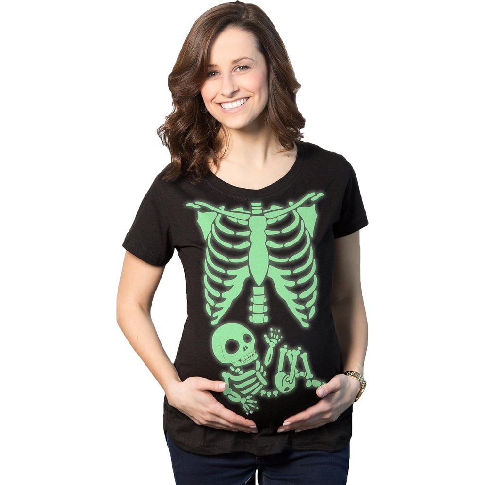 image:imageMaternity Skeleton Baby Halloween Pregnancy Announcement T Shirt Funny Graphic Pregnancy Tee Halloween Maternity Wear Cool Short Sleeve Ruched stretchy soft Maternity ShirtsGlowing Ink Skeleton