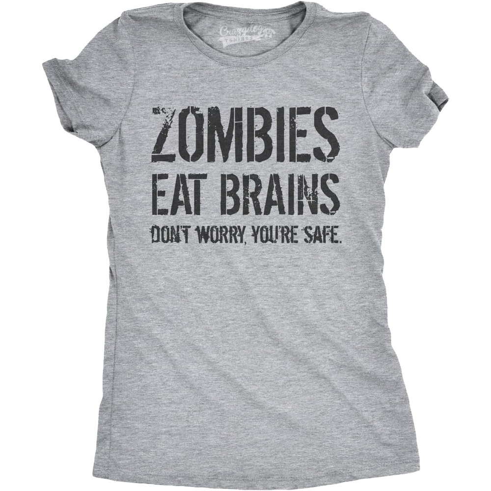 image:imageWomens Zombies Eat Brains so Youre Safe Funny T Shirt Funny T Shirts Halloween Tops for Women Cool Sarcastic Top Zombie Soft Cotton Blend Womens Novelty TeesLight Heather Grey