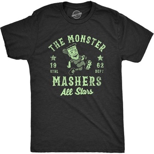 Mens The Monster Mashers All Stars T Shirt Funny Halloween Baseball Team Tee for Guys(Heather Black – Monster)