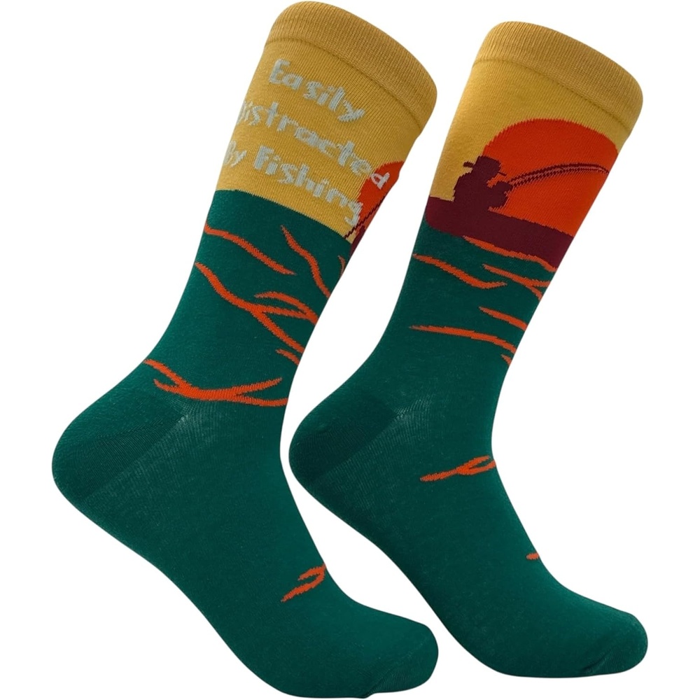 image:imageEasily Distracted by Fishing Socks Funny Fisherman Crew Socks Soft Cotton Blend Comfort Novelty Outdoor Footwear for Men Who Love Fishing Funny Graphic Socks Graphic Sock Cool Fishing
