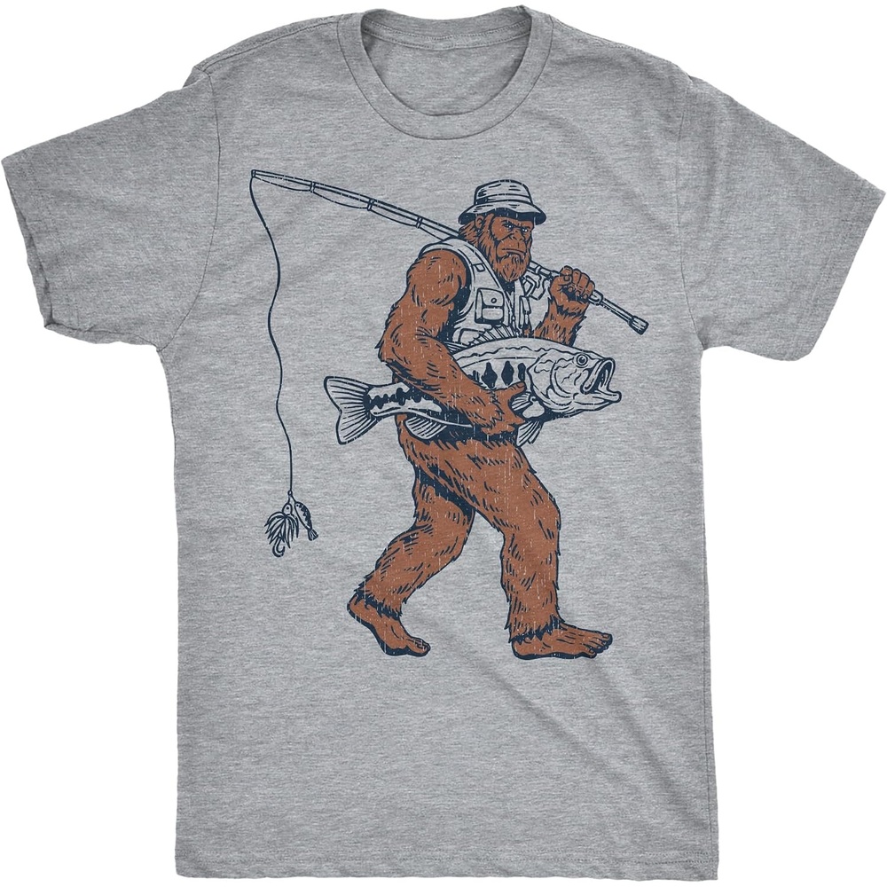 image:imageMens Bigfoot Fishing Tee for Sasquatch Fans with Witty Style Funny T Shirts Graphic Apparel for Men Cool Fishing Short Sleeve Soft Cotton Blend Novelty Tees for Guys