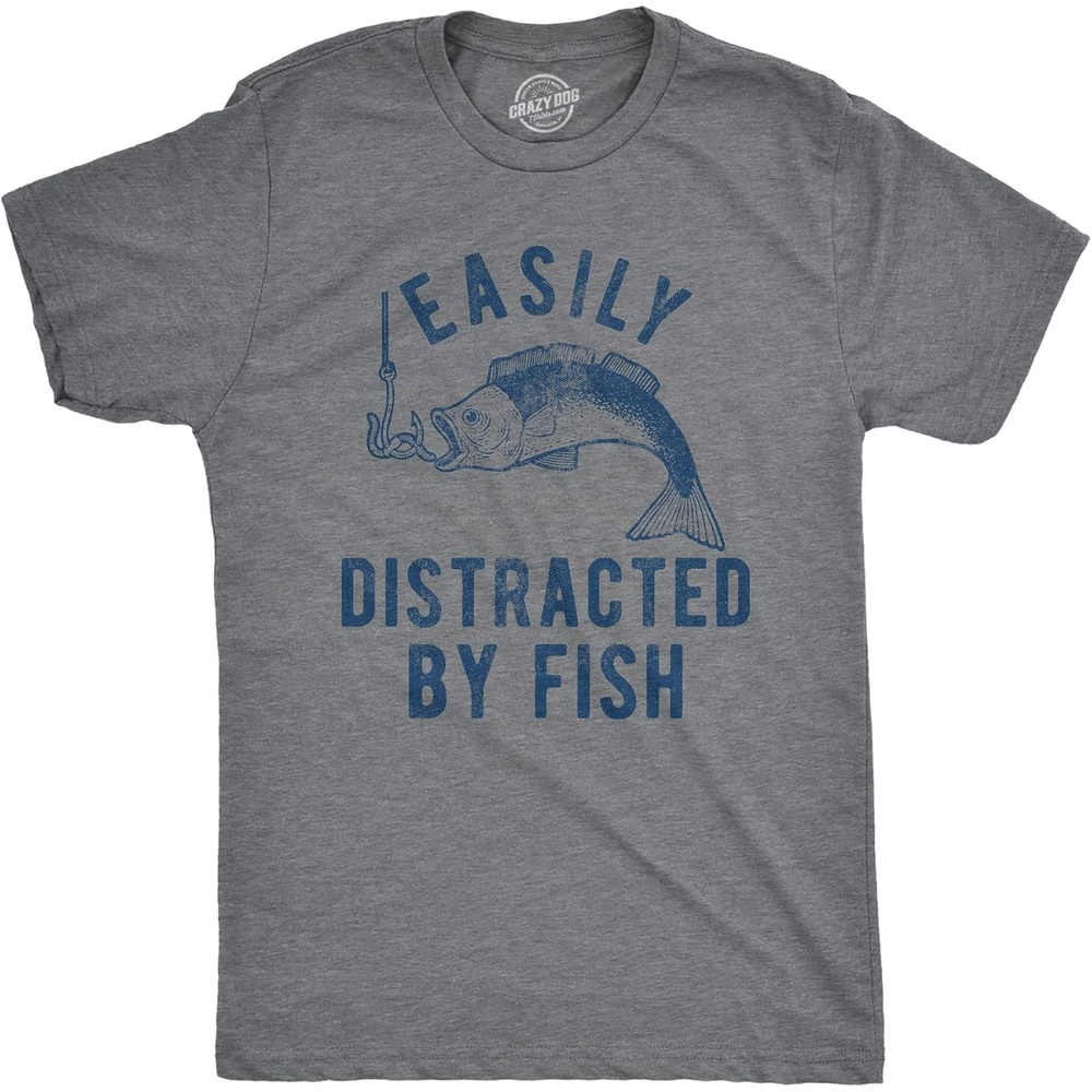 image:imageMens Easily Distracted By Fish T Shirt Funny Fishermen Tee for Guys Funny T Shirts Graphic Apparel for Men Cool Fishing Short Sleeve Sarcastic Soft Cotton Blend Novelty Tees for GuysDark Heather Grey