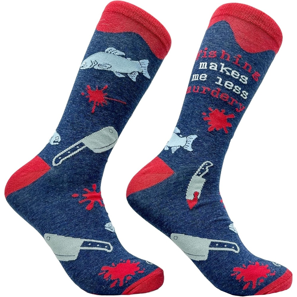 image:imageMens Fishing Makes Me Less Murdery Socks Funny Fish Angler Footwear Funny Graphic Socks Graphic Sock Cool Fishing Sock Stretchy and Soft Novelty Socks