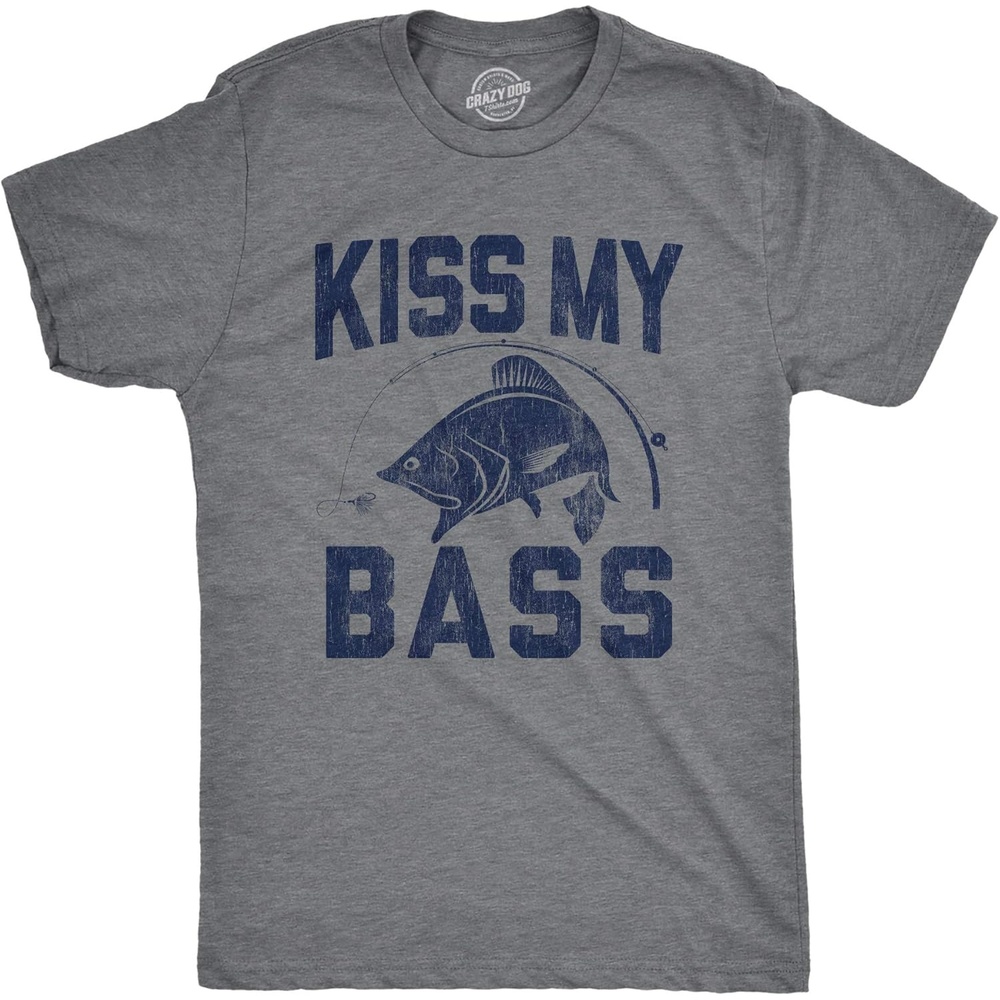 image:imageMens Kiss My Bass T Shirt Funny Fishing Humor Kiss My Ass Graphic TeeDark Heather Grey