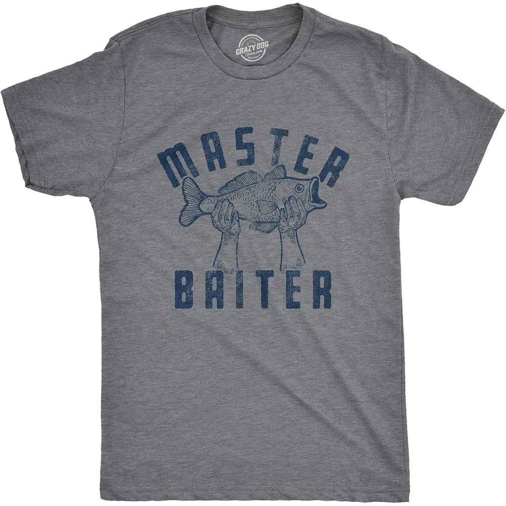 image:imageMens Master Baiter T Shirt Funny Fishing Fathers Day Sexual Innuendo Tee  Funny T Shirts Graphic Apparel for Men Cool Fishing Short Sleeve Adult Humor Soft Cotton Blend Novelty Tees for GuysDark Heather Grey